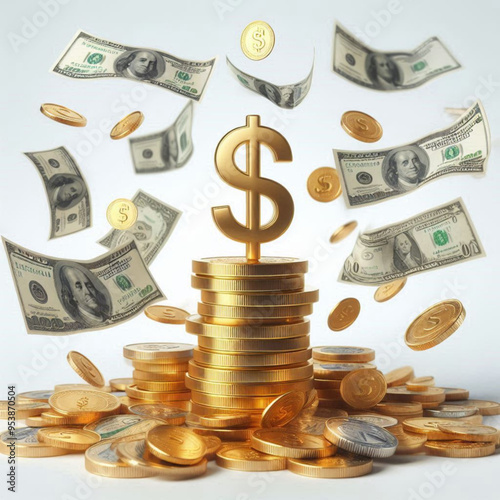 Free  Money vector money photo Gold coins and banknotes 3d cartoon style icon black Friday 