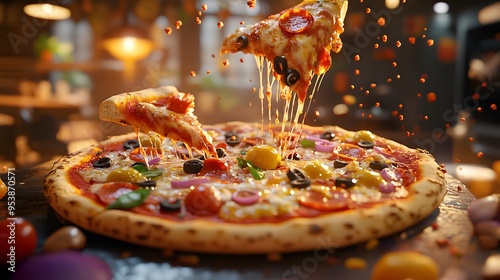 A 3D-rendered pizza being assembled with colorful toppings in a lively setting