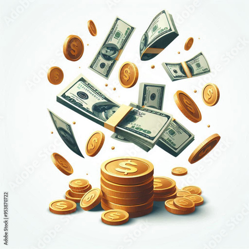 Free  Money vector money photo Gold coins and banknotes 3d cartoon style icon black Friday 