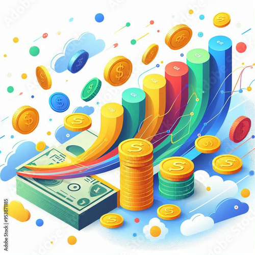 Free  Money vector money photo Gold coins and banknotes 3d cartoon style icon black Friday 