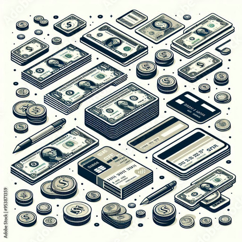 Free  Money vector money photo Gold coins and banknotes 3d cartoon style icon black Friday 