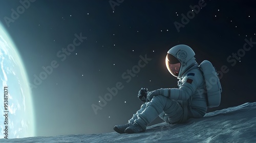 Astronaut Admiring Earthrise from Crater s Edge in Serene Cosmic Landscape photo