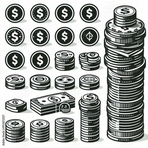 Free  Money vector money photo Gold coins and banknotes 3d cartoon style icon black Friday 
