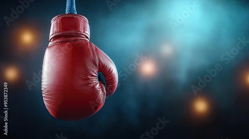 A dark studio backdrop featuring high-quality boxing gloves and a speed bag under focused lighting perfect for promoting gym and fitness equipment focusing on durability and perfor photo