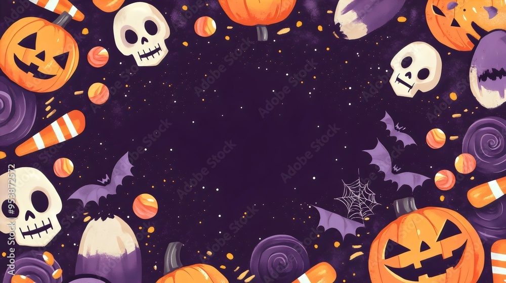 A Halloween-themed background with jack-o'-lanterns, skulls, bats, candy, and spider webs against a dark purple backdrop A Halloween-themed background with jack-o'-lanterns, skulls, bats, candy, and spider webs against a dark purple backdrop