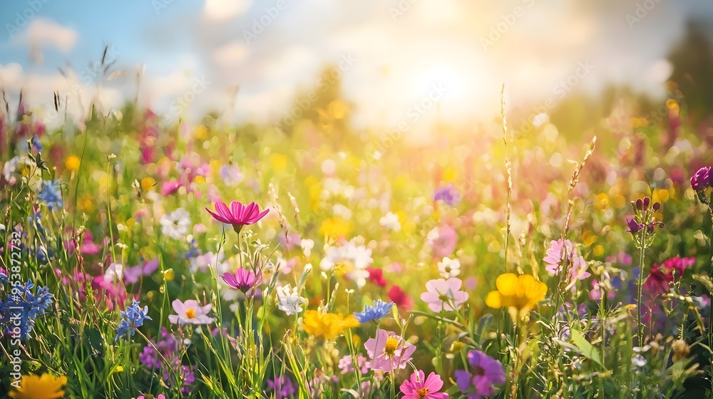 Obraz premium Vibrant Wildflower Meadow Under Bright Sky - Colorful and Uplifting Nature Scene