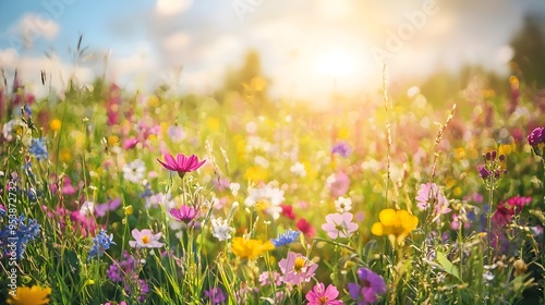 Vibrant Wildflower Meadow Under Bright Sky - Colorful and Uplifting Nature Scene