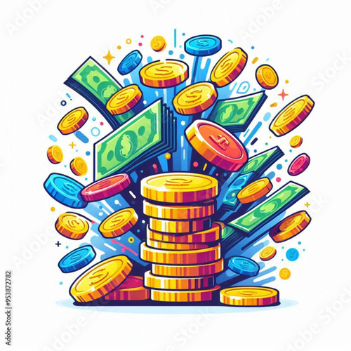 Free  Money vector money photo Gold coins and banknotes 3d cartoon style icon black Friday 
