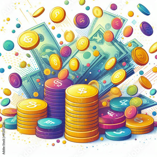 Free  Money vector money photo Gold coins and banknotes 3d cartoon style icon black Friday 
