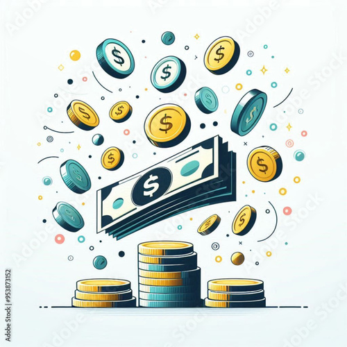 Free  Money vector money photo Gold coins and banknotes 3d cartoon style icon black Friday 
