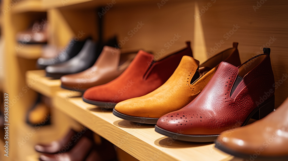 women's shoes on the shelves in the store. Pavilion of a store with fashionable women's shoes. Leather autumn-winter boots. women's shoes on the shelves in the store. Pavilion of a store with fashionable women's shoes. Leather autumn-winter boots.