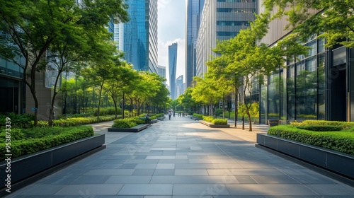 vibrant urban plaza with lush greenery nestled between tall buildings and clean environment