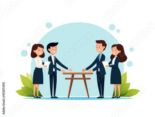 Business professionals negotiating a deal, shaking hands across a table, in a modern office environment. Teamwork and successful partnership.