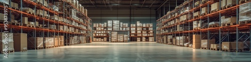 wide-angle view of warehouse with high shelves and boxes perfect for product presentation