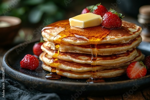 A 45 Angle shot of American pancakes with syru photo