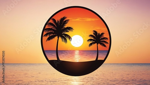 A tranquil beach scene is encapsulated within a circle,palm tree, calmness,7