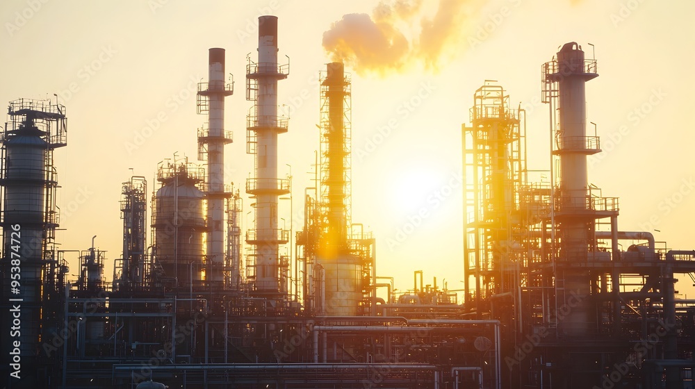 Fototapeta premium Towering Oil Refinery Plant with Pipelines and Smokestacks Against Bright Sky