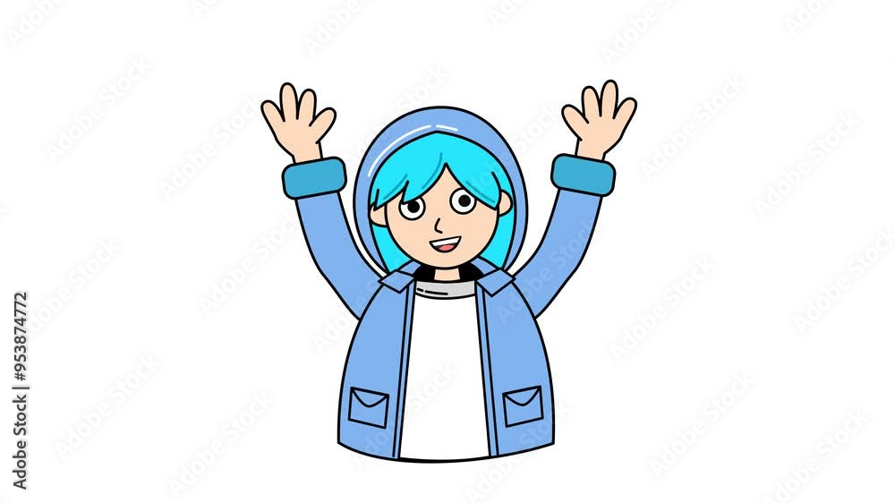 Cute girl waving both hands cartoon animation in transparent background. Alpha channel. Seamless looping. Suitable for presentation element video content Cute girl waving both hands cartoon animation in transparent background. Alpha channel. Seamless looping. Suitable for presentation element video content