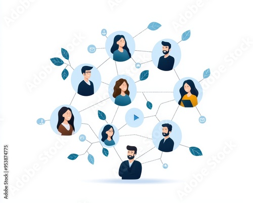 Illustration of a connected network of people, showcasing communication and collaboration in a social network environment. photo