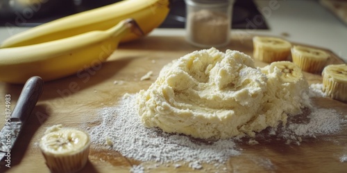 Pureed bananas mixed with flour ready for baking.