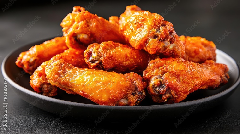 A plate of crunchy fried chicken wings arranged neatly on a black backdrop under soft professional lighting capturing the rich golden color and mouthwatering texture perfect for pr A plate of crunchy fried chicken wings arranged neatly on a black backdrop under soft professional lighting capturing the rich golden color and mouthwatering texture perfect for pr