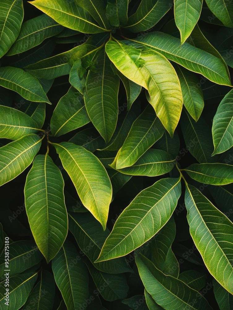 Fototapeta premium Close-up of vibrant green leaves, could be fern or other tropical plant.