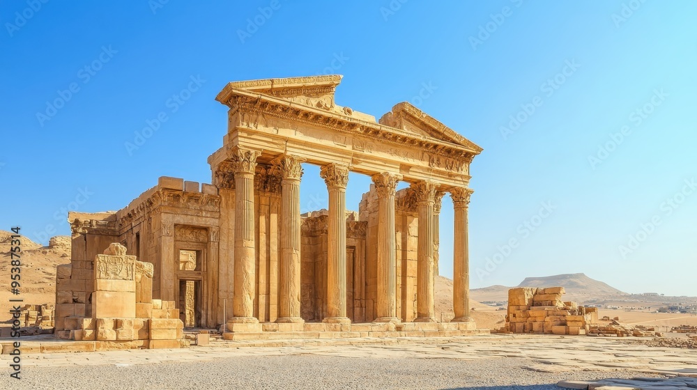 Ancient Roman temple ruins with columns and arches in a desert landscape on a clear day, showcasing historic architecture and heritage. Ancient Roman temple ruins with columns and arches in a desert landscape on a clear day, showcasing historic architecture and heritage.