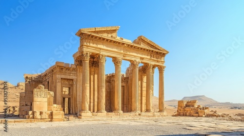 Ancient Roman temple ruins with columns and arches in a desert landscape on a clear day, showcasing historic architecture and heritage.