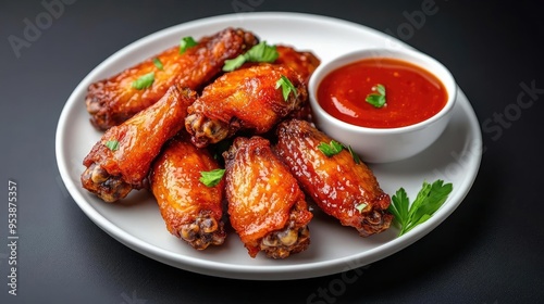 A plate of hot fried chicken wings with dipping sauce placed on a sleek black background under soft lighting that highlights the texture and color perfect for promoting bar food or photo