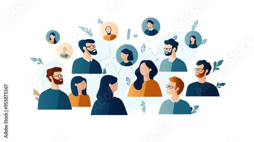 Illustration of diverse group of people interconnected through social network. Concept of communication, connection, and online community. photo