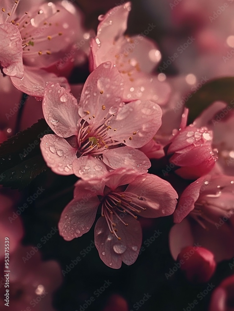 A close-up of pink cherry blossoms with water droplets, evoking the beauty and freshness of springtime. A close-up of pink cherry blossoms with water droplets, evoking the beauty and freshness of springtime.