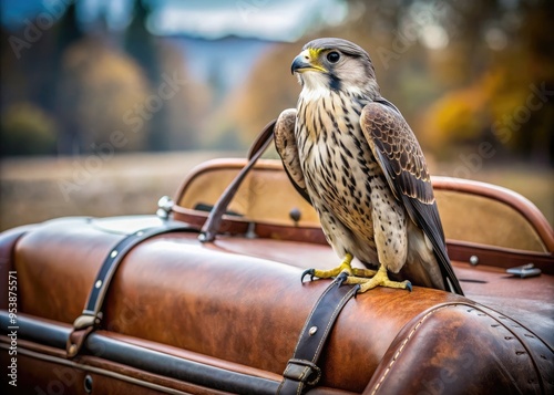 A majestic falcon perches regally on a worn leather hood of a vintage convertible, its sharp talons grasping the weathered fabric with fierce intensity. photo