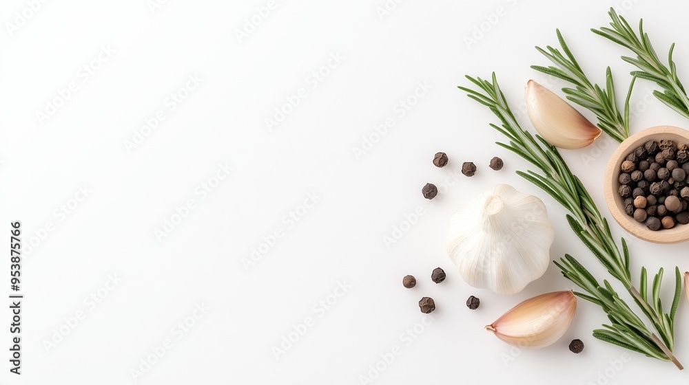 Garlic bulbs, garlic cloves, rosemary, thyme, and various spices on a white background. Garlic bulbs, garlic cloves, rosemary, thyme, and various spices on a white background.