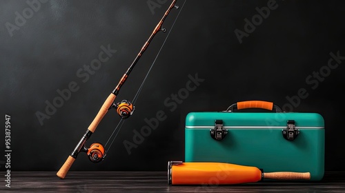 A professional shot of a fishing rod and tackle box against a black background with soft lighting perfect for promoting fishing equipment focusing on precision and outdoor adventur photo