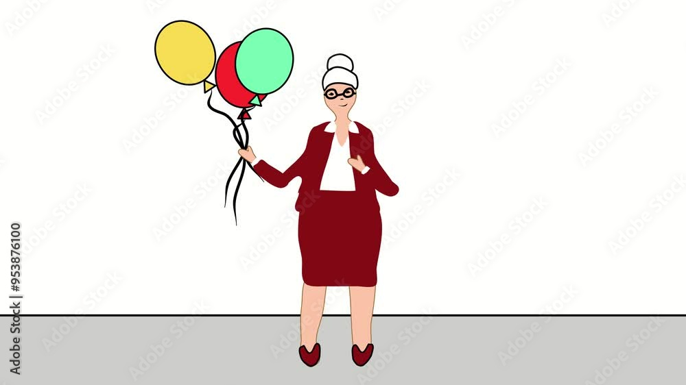 Old granny and balloons, old age. Joy, holiday, congratulations. Cartoon video animation. Background video 4k looped new Old granny and balloons, old age. Joy, holiday, congratulations. Cartoon video animation. Background video 4k looped new