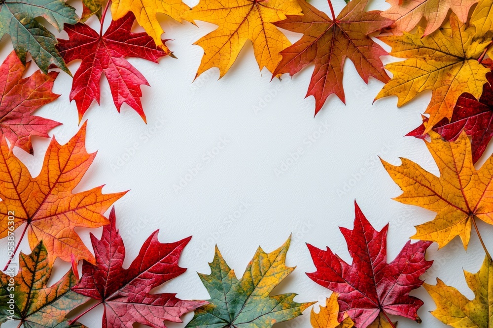 Fototapeta premium Autumn Maple Leaves Flat Lay White Background created with Generative AI