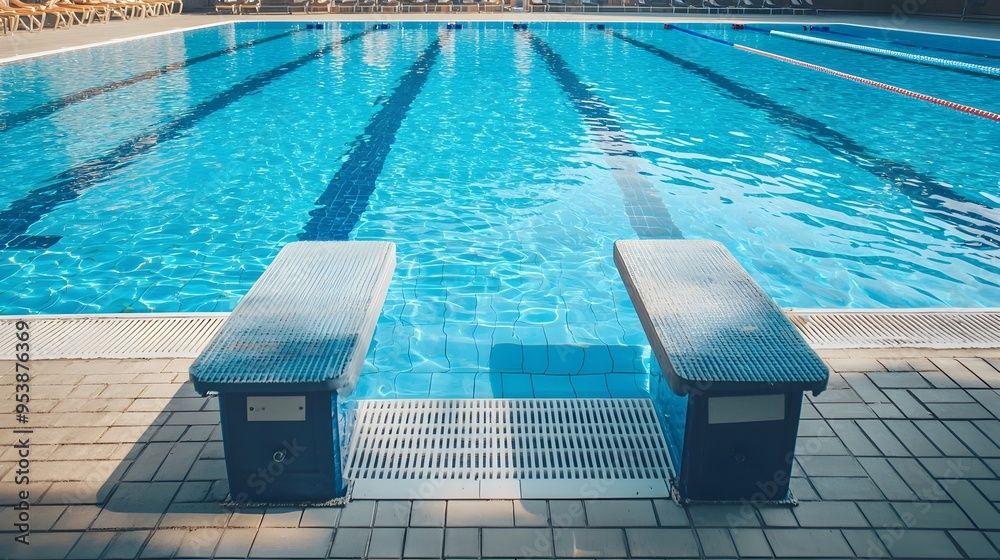 Obraz premium Competitive Swimming Pool with Clear Blue Water and Starting Blocks for Aquatic Sports Presentations