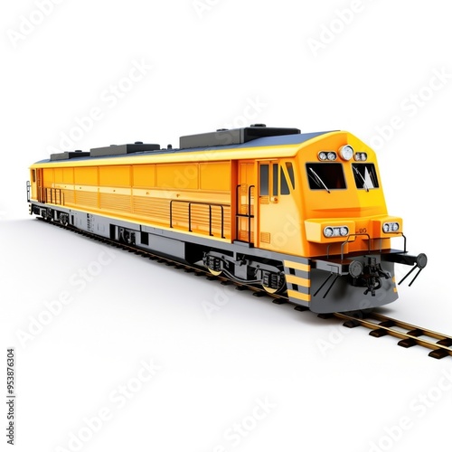 Modern Yellow Freight Train on Railway Tracks. Locomotive isolated on a white background photo