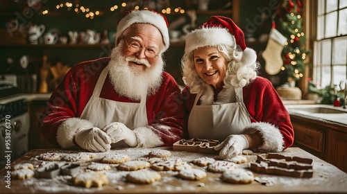 Santa Claus and Mrs. Claus baking Christmas cookies together in a warmly lit, festively decorated kitchen photo