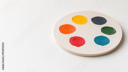 A single art palette placed on a clean white background with subtle studio lighting perfect for promoting artistic tools focusing on creativity and craftsmanship