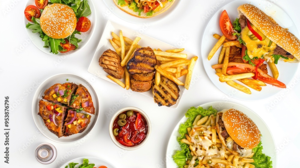 Colorful and delicious meal spread across a table. Fast food with vegetables and different sauces. Colorful and delicious meal spread across a table. Fast food with vegetables and different sauces.