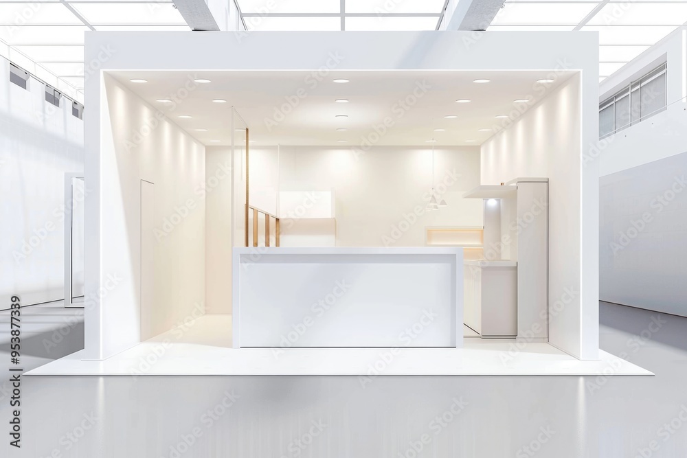 Three-dimensional rendering of a modern booth for exhibiting contemporary architectural designs and industrial concepts, showcasing the latest trends in design innovation. Three-dimensional rendering of a modern booth for exhibiting contemporary architectural designs and industrial concepts, showcasing the latest trends in design innovation.
