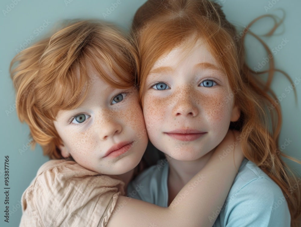 Close-up of two identical twin red-haired children hugging affectionately, highlighting their close bond and shared genetic features. Close-up of two identical twin red-haired children hugging affectionately, highlighting their close bond and shared genetic features.