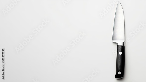 A sleek chef's knife placed neatly on a clean white background under soft studio lighting perfect for promoting high-quality kitchen tools focusing on sharpness and craftsmanship photo