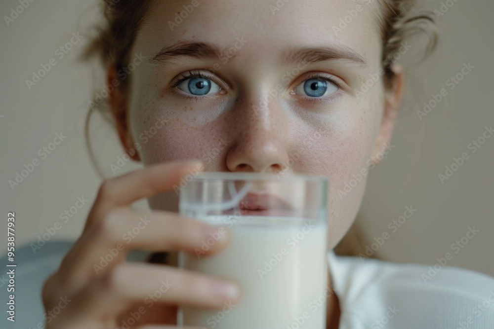 Girl with blue eyes drinking milk from a glass, symbolizing health and nutrition.