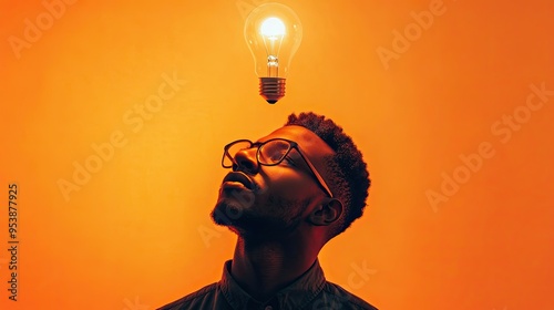 Thoughtful man lightbulb floats above head bright orange background glowing with ideas simple yet effective design conceptual creative focus inspiration photo