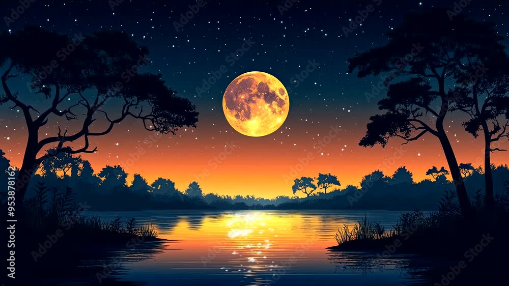 Golden full moon reflecting on a calm lake under a starry night sky, framed by silhouettes of trees. Night landscape concept. Seamless looping 4k time-lapse video background Golden full moon reflecting on a calm lake under a starry night sky, framed by silhouettes of trees. Night landscape concept. Seamless looping 4k time-lapse video background
