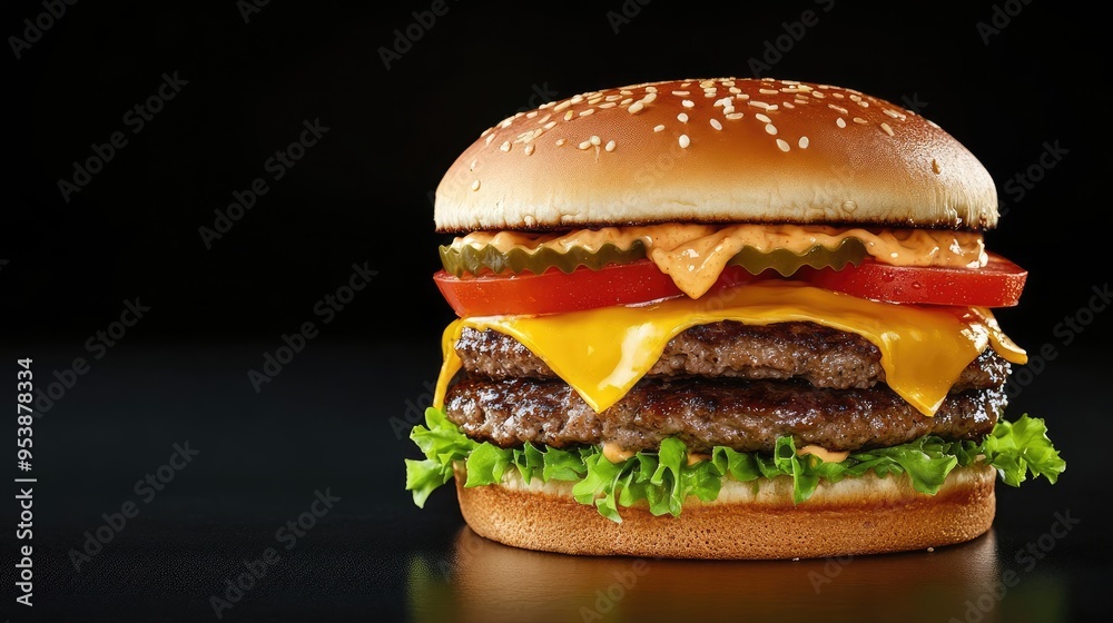 A towering juicy cheeseburger with crispy lettuce A towering juicy cheeseburger with crispy lettuce