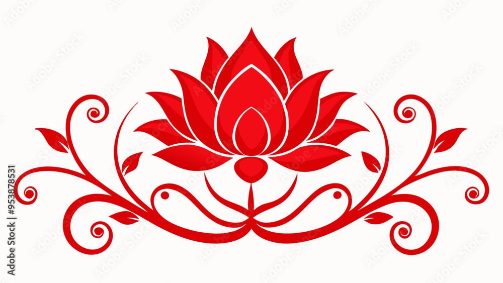 Elegant Red Lotus Floral Design with Leaves on White Background Elegant Red Lotus Floral Design with Leaves on White Background