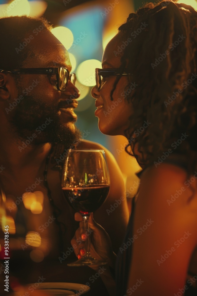 A couple enjoying a romantic evening, sharing a glass of red wine and deep conversation.